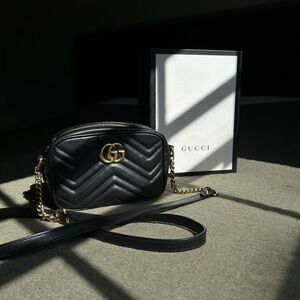 Authentic Gucci GG marmont matelasse mini black leather crossbody bag